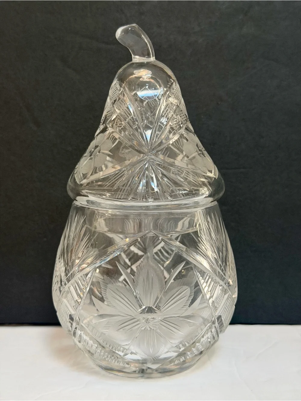 Cut Glass Pear-Shaped Covered Jar Candy Dish 6 3/4